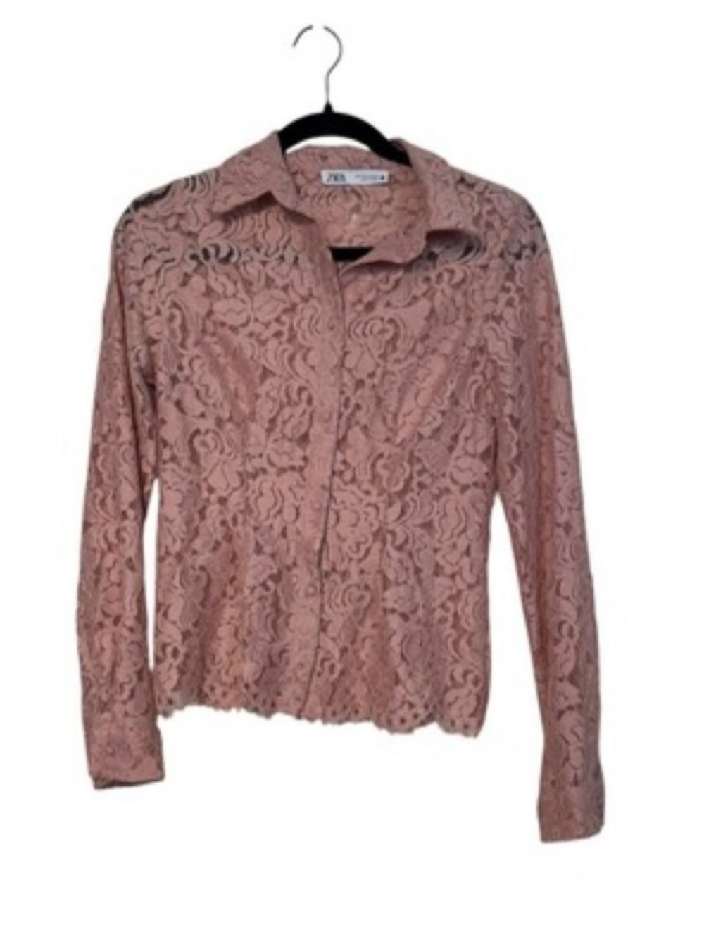 Zara Womens Pink Floral Lace Button Up Shirt Long Sleeve Sheer Blouse Small